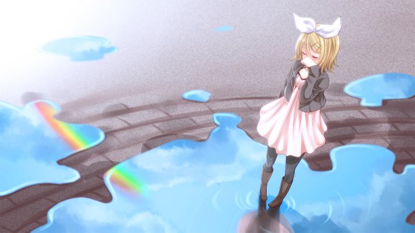 Anime picture 1300x731 with vocaloid kagamine rin yayoi (egoistic realism) single short hair blonde hair wide image eyes closed from above tears reflection girl dress hair ornament bow hair bow water jacket boots hairclip