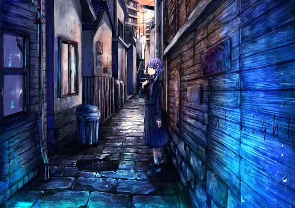 Anime picture 1414x1000 with original koruse single short hair purple eyes purple hair alley girl skirt miniskirt socks serafuku white socks house