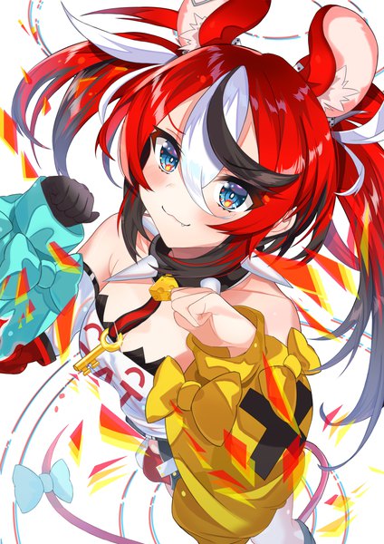 Anime picture 2894x4093 with virtual youtuber hololive hololive english hakos baelz asphalt494 single long hair tall image blush highres blue eyes twintails animal ears red hair tail animal tail multicolored hair from above fang (fangs) streaked hair