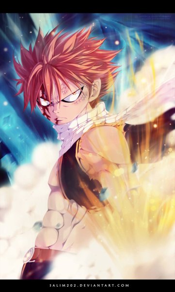 Anime picture 782x1300 with fairy tail natsu dragneel salim202 single tall image short hair yellow eyes pink hair sleeveless torn clothes coloring magic smoke muscle angry boy scarf blood vest fire