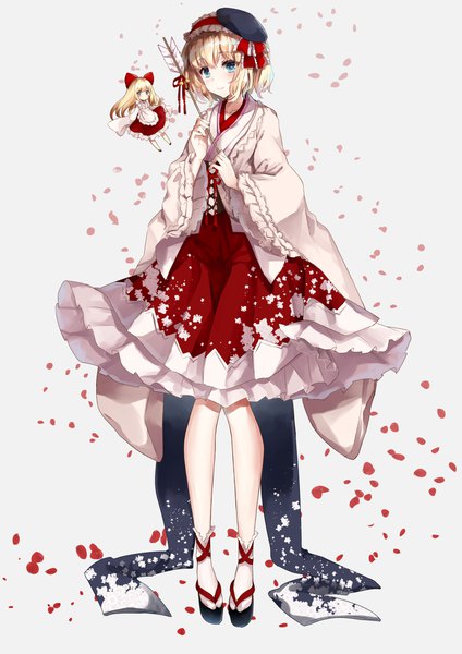 Anime picture 1500x2121 with touhou alice margatroid shanghai kisaragi yuri single tall image looking at viewer short hair blue eyes blonde hair smile full body traditional clothes head tilt japanese clothes grey background wide sleeves girl petals socks