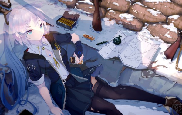 Anime picture 2400x1520 with original .l.l single long hair fringe highres blue eyes sitting holding looking away silver hair outdoors ponytail open jacket gradient hair shaded face snow girl thighhighs skirt