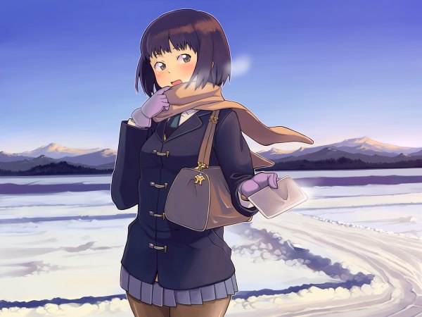 Anime picture 1200x900 with original bowieknife single blush fringe short hair open mouth black hair looking away sky blunt bangs pleated skirt grey eyes winter snow mountain exhalation girl skirt gloves