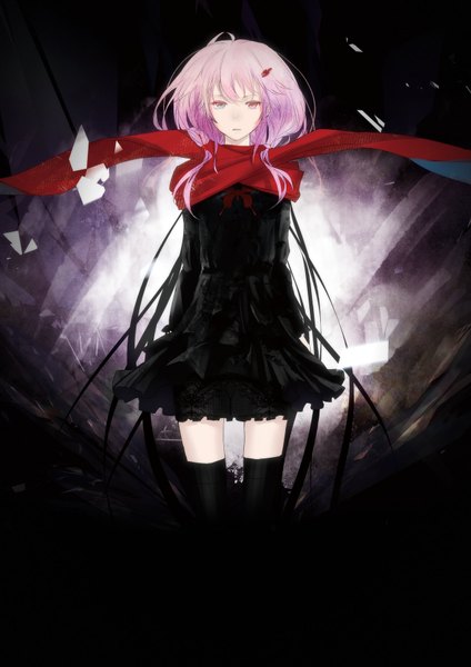Anime picture 1280x1810 with guilty crown production i.g yuzuriha inori redjuice single long hair tall image red eyes pink hair girl thighhighs dress hair ornament black thighhighs hairclip scarf