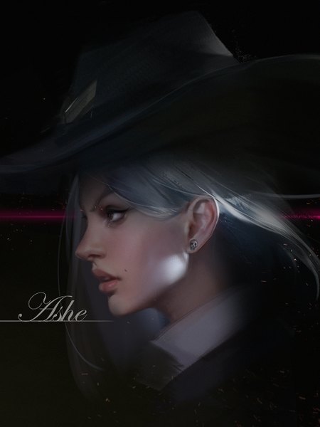 Anime picture 1000x1334 with overwatch blizzard entertainment ashe (overwatch) yueyue single long hair tall image red eyes looking away silver hair parted lips profile lips realistic mole character names piercing ear piercing girl hat