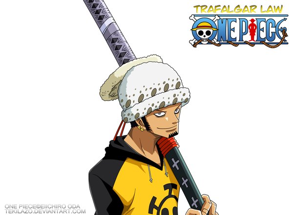 Anime picture 3400x2500 with one piece toei animation trafalgar law tekilazo single highres short hair black hair smile white background absurdres inscription grey eyes piercing coloring vector boy weapon hat sword
