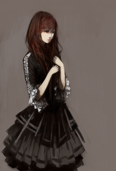 Anime picture 920x1348 with original tsubu mikan single long hair tall image fringe simple background hair between eyes brown hair standing brown eyes looking away adjusting hair hand on chest brown background girl dress frills black dress petticoat