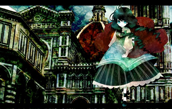 Anime picture 1600x1016 with original yoko (shiocolor) single long hair black hair aqua eyes drill hair letterboxed architecture girl dress building (buildings)