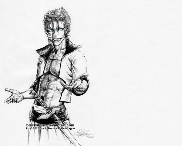 Anime picture 1060x853 with bleach studio pierrot grimmjow jeagerjaques blackstorm single short hair blue eyes simple background smile monochrome looking up espada boy weapon sword katana mask