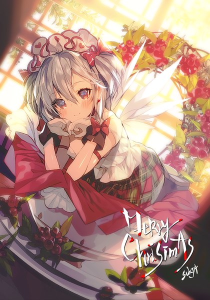 Anime picture 700x1000 with original sorolp single tall image looking at viewer blush fringe smile red eyes twintails signed indoors head tilt grey hair short twintails christmas merry christmas girl gloves bow
