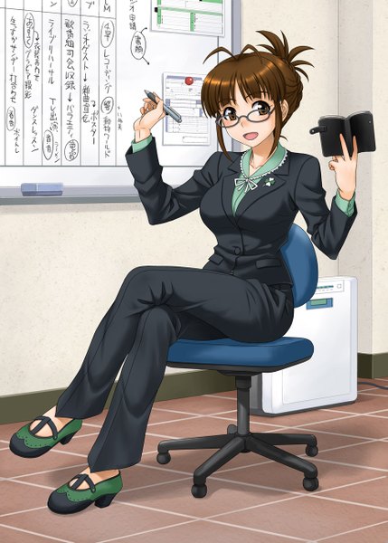 Anime picture 929x1300 with idolmaster idolmaster (classic) akizuki ritsuko hida tatsuo single tall image short hair open mouth brown hair sitting brown eyes crossed legs girl glasses book (books) chair office chair