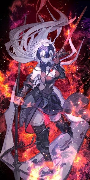 Anime picture 758x1500 with fate (series) fate/grand order jeanne d'arc (fate) (all) jeanne d'arc alter (fate) lack single tall image looking at viewer fringe breasts smile bare shoulders holding yellow eyes cleavage silver hair full body ahoge very long hair arm up