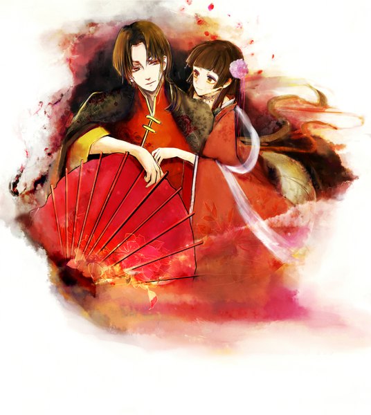 Anime picture 1984x2222 with axis powers hetalia studio deen china (hetalia) hong kong (hetalia) d.p long hair tall image highres short hair brown hair brown eyes traditional clothes hair flower chinese clothes girl boy hair ornament umbrella