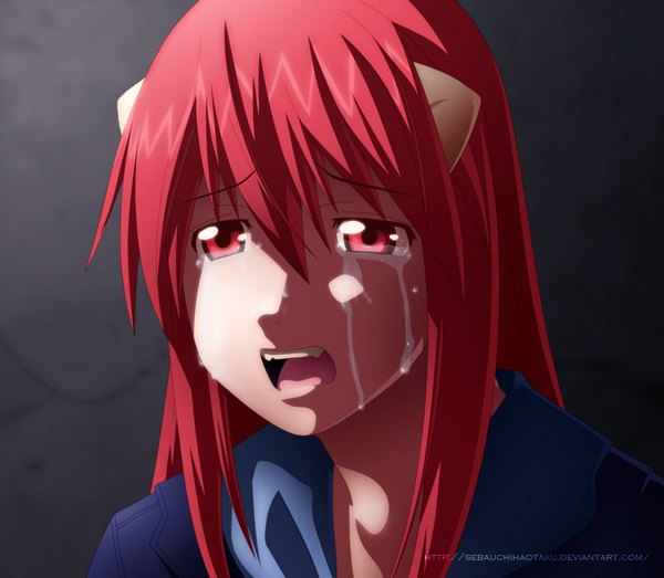 Anime picture 2000x1746 with elfen lied arms corporation lucy sebaemanuel single long hair highres open mouth simple background red eyes red hair grey background tears coloring portrait close-up face crying girl