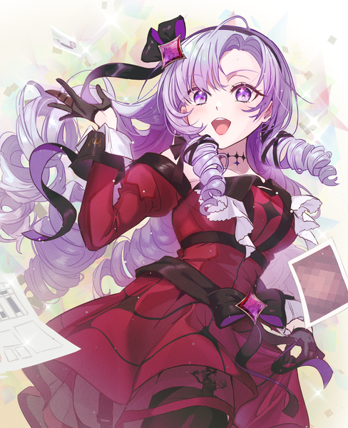 Anime picture 1517x1867 with virtual youtuber nijisanji hyakumantenbara salome hyakumantenbara salome (1st costume) akaike single long hair tall image open mouth purple eyes purple hair :d from below drill hair girl dress gloves ribbon (ribbons) hair ribbon detached sleeves
