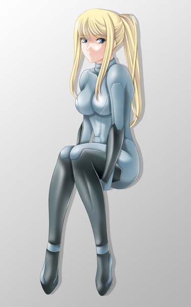 Anime picture 1000x1600 with metroid samus aran tamamon single long hair tall image looking at viewer breasts blue eyes light erotic blonde hair ponytail girl bodysuit