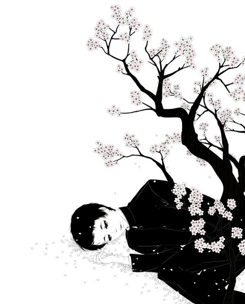 Аниме картинка 1378x1710 с оригинальное изображение mihoshi (artist) один (одна) высокое изображение короткие волосы чёрные волосы цветущая вишня монохромное мужчина форма цветок (цветы) школьная форма лепестки