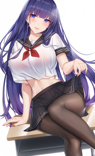 Anime picture 2200x3600 with honkai impact 3rd benghuai xueyuan honkai (series) raiden mei wu ganlan cai single long hair tall image looking at viewer blush fringe highres breasts blue eyes light erotic simple background smile large breasts white background sitting