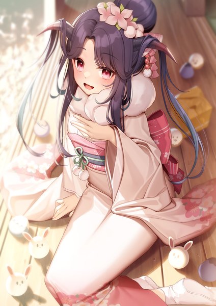 Anime picture 1061x1500 with blue archive fuuka (blue archive) fuuka (new year) (blue archive) nanafuton single long hair tall image open mouth red eyes sitting purple hair traditional clothes :d japanese clothes horn (horns) from above hair bun (hair buns) official alternate costume new year girl