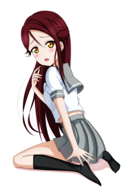 Anime picture 1013x1433 with love live! sunshine!! sunrise (studio) love live! sakurauchi riko moonlight-k single long hair tall image looking at viewer blush fringe open mouth simple background hair between eyes white background sitting yellow eyes full body red hair pleated skirt