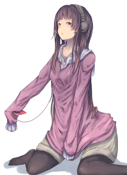 Anime picture 900x1241 with original ipod marumoru single long hair tall image simple background brown hair white background purple eyes looking away girl pantyhose headphones sweater