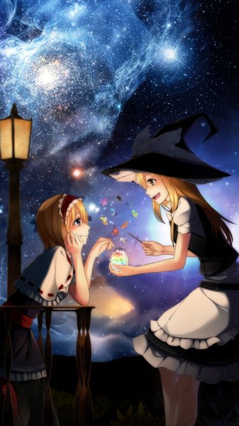 Anime picture 1500x2667 with touhou kirisame marisa alice margatroid tagme (artist) flylive long hair tall image blush short hair open mouth blonde hair smile multiple girls brown eyes profile night night sky magic third-party edit witch