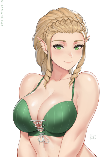 Anime picture 900x1280 with original myra (sciamano240) sciamano240 single long hair tall image looking at viewer blush breasts light erotic simple background blonde hair smile large breasts white background bare shoulders green eyes signed payot cleavage
