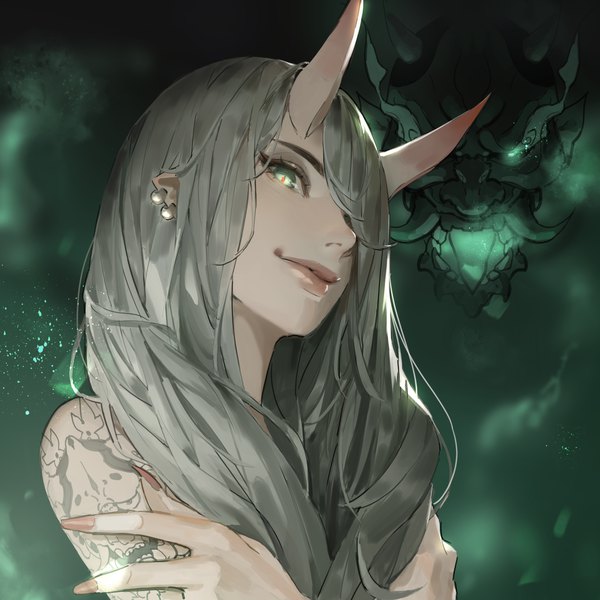 Anime picture 3000x3000 with original jung wonjo single long hair looking at viewer fringe highres simple background green eyes upper body horn (horns) fingernails lips pointy ears grey hair hair over one eye tattoo piercing glowing ear piercing