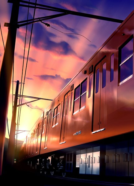 Anime picture 720x1000 with original akizuki rito tall image sky cloud (clouds) sunlight evening sunset no people sunbeam sun power lines train railways