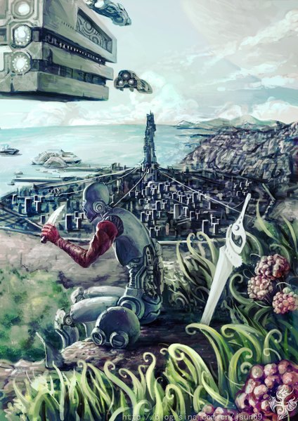 Anime picture 2480x3508 with original youtsuu tall image highres sitting sky cloud (clouds) city cityscape scenic flower (flowers) plant (plants) sea knife robot aircraft android airship