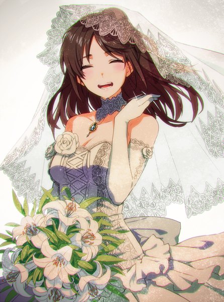 Anime picture 800x1075 with shingeki no kyojin production i.g eren yaeger amanen_t single long hair tall image blush open mouth brown hair bare shoulders eyes closed ^ ^ ^o^ genderswap girl dress gloves flower (flowers) white gloves