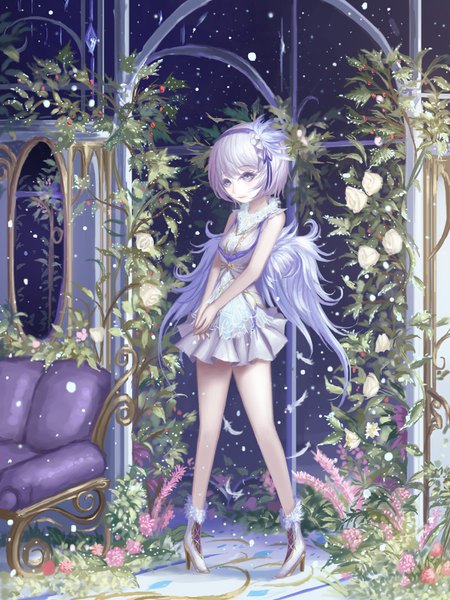 Anime picture 1200x1600 with original rinmmo single tall image looking at viewer blush short hair standing purple eyes purple hair full body outdoors light smile bare legs high heels sleeveless girl dress flower (flowers) plant (plants)