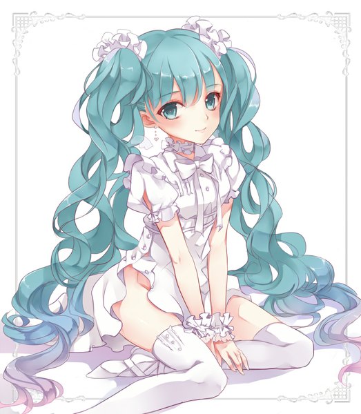 Anime picture 1000x1147 with vocaloid hatsune miku 041 single long hair tall image looking at viewer blush smile twintails aqua eyes aqua hair wavy hair girl thighhighs dress white thighhighs frills