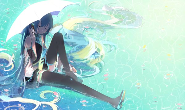 Anime picture 5905x3507 with vocaloid hatsune miku xiao nuo single fringe highres hair between eyes wide image sitting absurdres full body bent knee (knees) eyes closed very long hair nail polish fingernails light smile aqua hair zettai ryouiki hand on headphones