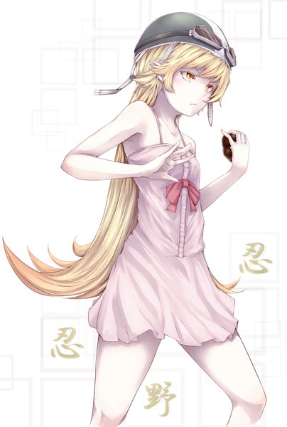 Anime picture 1104x1638 with bakemonogatari shaft (studio) monogatari (series) oshino shinobu marumoru single long hair tall image blonde hair bare shoulders brown eyes yellow eyes looking away girl dress food sundress goggles helmet doughnut