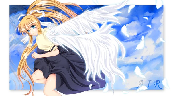 Anime picture 1920x1080 with air key (studio) kamio misuzu fule long hair highres blue eyes blonde hair wide image cloud (clouds) girl dress wings