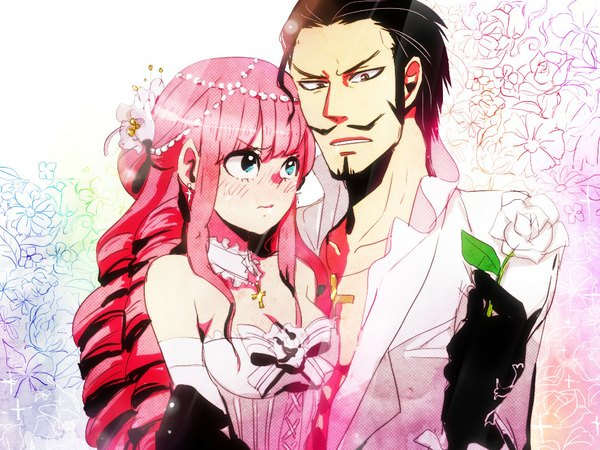 Anime picture 1024x768 with one piece toei animation perona dracule mihawk long hair blush short hair black hair standing brown eyes pink hair cleavage hair flower drill hair partially open clothes girl dress boy gloves hair ornament