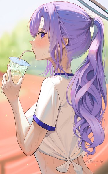 Anime picture 4130x6652 with blue archive yuuka (blue archive) dubeaduver single long hair tall image looking at viewer blush highres purple eyes signed payot absurdres purple hair ponytail profile sweat twitter username wavy hair drinking