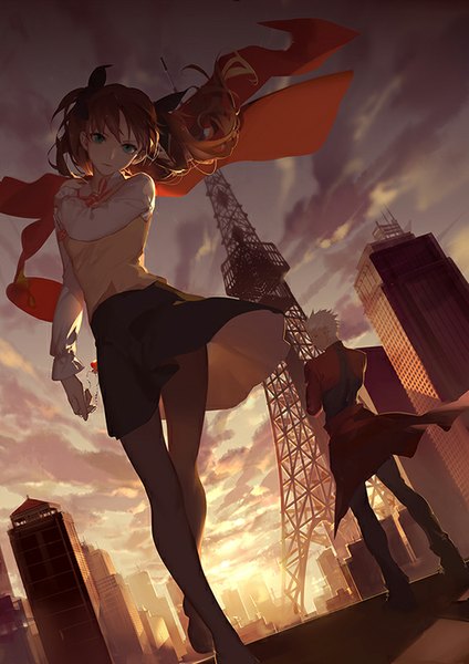 Anime picture 566x800 with fate (series) fate/stay night type-moon toosaka rin archer (fate) ask (askzy) tall image looking at viewer short hair brown hair twintails green eyes full body white hair wind from below city evening crossed arms girl