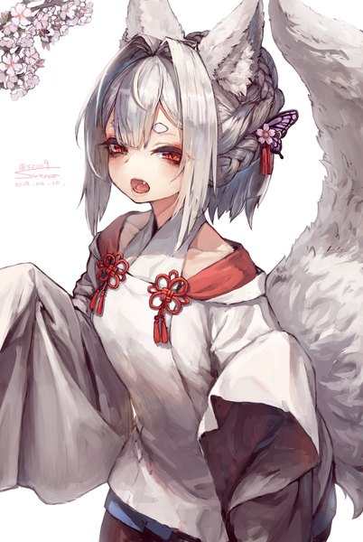 Anime picture 1340x2000 with original suzuno (bookshelf) single tall image blush fringe short hair open mouth simple background hair between eyes red eyes standing white background signed animal ears silver hair tail braid (braids) animal tail fang (fangs)