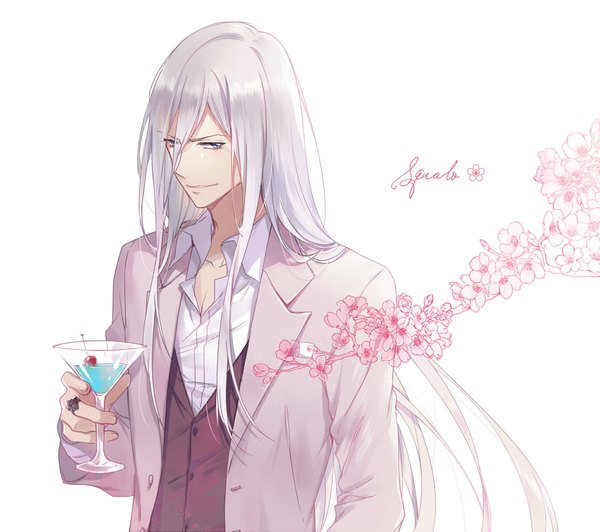 Anime picture 1189x1056 with katekyou hitman reborn superbi squalo ekita xuan single long hair fringe simple background hair between eyes white background silver hair upper body light smile character names cherry blossoms open collar silver eyes boy ring fruit branch