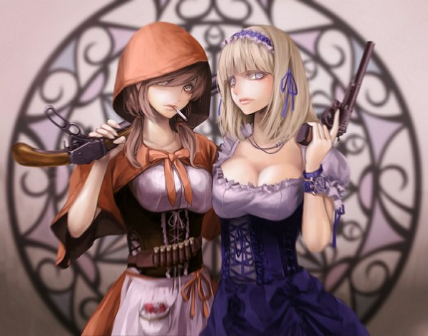 Anime picture 1043x819 with alice in wonderland little red riding hood alice (wonderland) little red riding hood (character) koh (minagi kou) long hair looking at viewer breasts blonde hair brown hair twintails multiple girls cleavage silver eyes girl dress weapon 2 girls gun hood