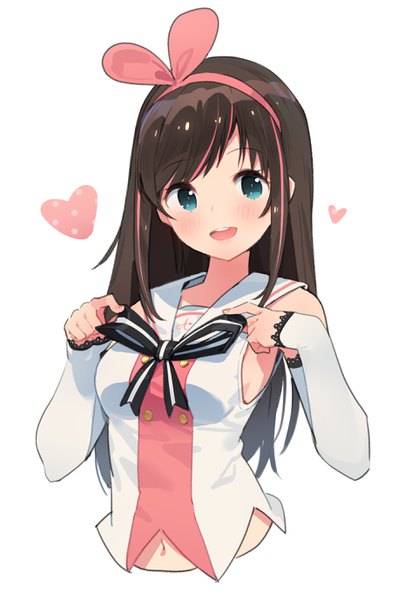 Anime picture 1828x2757 with virtual youtuber a.i. channel kizuna ai ddal single long hair tall image looking at viewer blush fringe highres open mouth simple background smile brown hair white background bare shoulders payot upper body :d