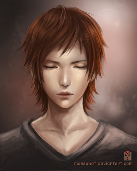 Anime picture 1575x1969 with k-project gohands (studio) misaki yata monsohot single tall image simple background brown hair eyes closed realistic inscription portrait boy