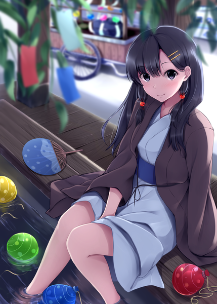 Anime picture 2591x3624 with original nicoby single long hair tall image looking at viewer highres black hair traditional clothes japanese clothes black eyes tanabata girl fan yukata haori water yoyo