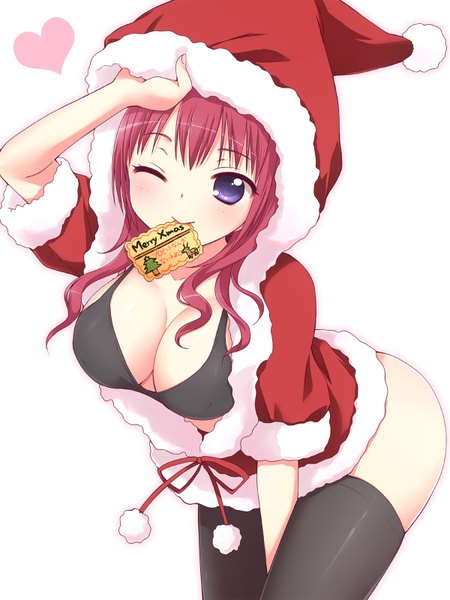 Anime picture 1200x1600 with original usashiro mani single tall image blush short hair breasts light erotic simple background smile large breasts white background purple eyes red hair one eye closed wink fur trim christmas girl thighhighs