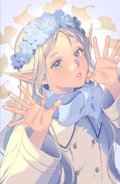 Anime picture 978x1500 with sousou no frieren frieren syertse single long hair tall image blue eyes silver hair upper body parted lips from above pointy ears elf girl earrings scarf leaf (leaves) coat wreath head wreath