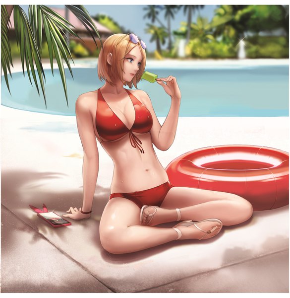 Anime picture 1500x1539 with dungeon and fighter female gunner (dungeon and fighter) monaim single tall image fringe short hair breasts blue eyes light erotic blonde hair sitting bare shoulders holding looking away cleavage full body outdoors parted lips arm support