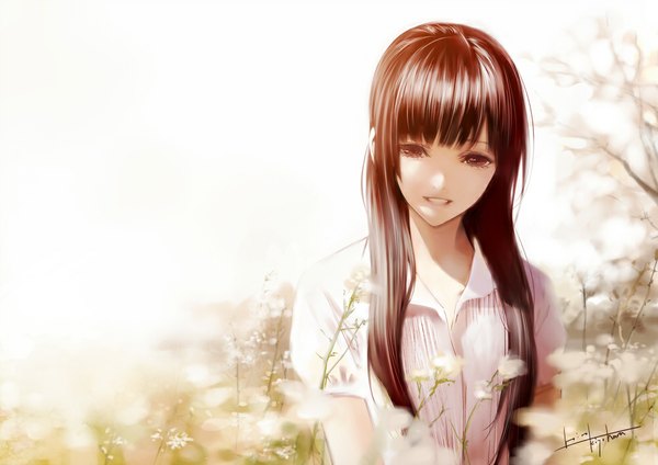 Anime picture 1000x707 with original kiyohara hiro single long hair looking at viewer smile brown hair brown eyes girl flower (flowers) shirt