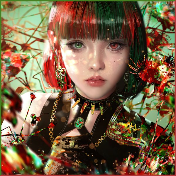 Anime picture 4000x4000 with original erak single fringe highres short hair red eyes green eyes signed absurdres upper body red hair blunt bangs parted lips multicolored hair green hair lips pointy ears blurry realistic